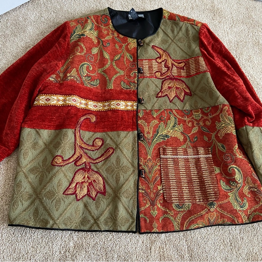 Indigo Moon 3XL Vintage Patchwork Embroidered Floral Jacket Red Green Gold  Boho